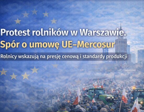 Grafika informacyjna: „Protest rolników w Warszawie. Spór o umowę UE–Mercosur” na tle panoramy Warszawy i symboliki Unii Europejskiej.