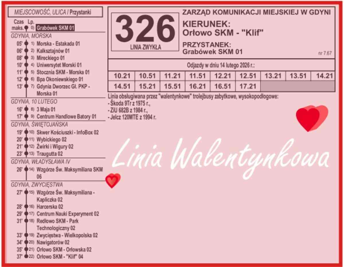 Rozkład jazdy walentynkowej linii 326 w Gdyni na różowym tle z serduszkami i napisem „Linia Walentynkowa”
