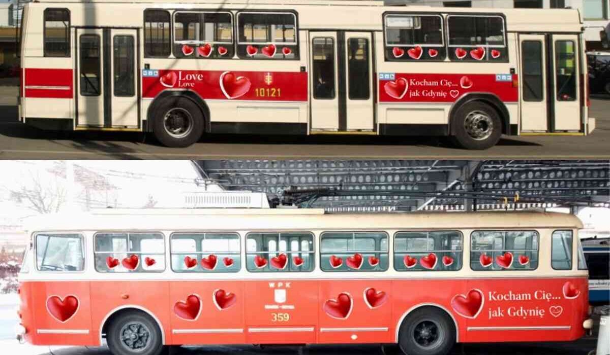 Dwa zabytkowe trolejbusy w Gdyni udekorowane czerwonymi serduszkami i napisami walentynkowymi, prezentowane na kolażu zdjęć.