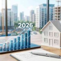 Nowoczesne osiedle mieszkaniowe w budowie, na pierwszym planie makieta domu i wykresy wzrostu, symbolizujące analizę rynku nieruchomości 2026.