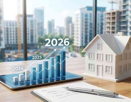 Nowoczesne osiedle mieszkaniowe w budowie, na pierwszym planie makieta domu i wykresy wzrostu, symbolizujące analizę rynku nieruchomości 2026.