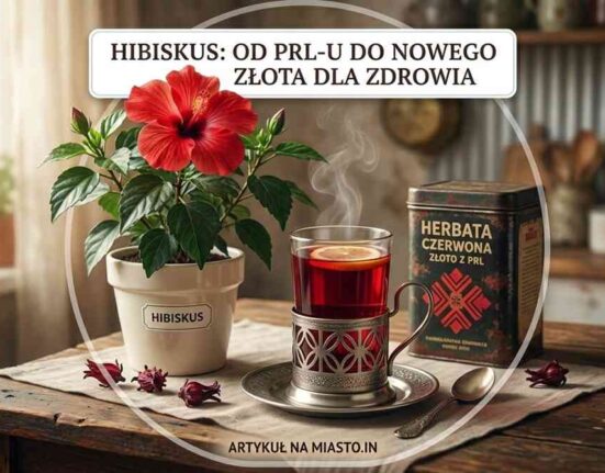 Nostalgiczna grafika okładkowa artykułu o hibiskusie. W centralnym kole widać szklankę czerwonej herbaty w metalowym koszyczku z PRL-u, doniczkę z kwitnącym hibiskusem oraz puszkę herbaty w tle. U góry napis: "HIBISKUS: OD PRL-U DO NOWEGO ZŁOTA DLA ZDROWIA". U dołu napis: "ARTYKUŁ NA MIASTO.IN". Całość w przyjaznym, ilustracyjnym stylu z motywem łapek.