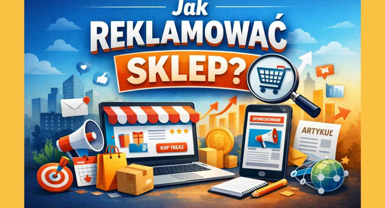 Grafika ilustracyjna do artykułu o reklamie sklepu z laptopem, ikonami marketingowymi i napisem „Jak reklamować sklep?”