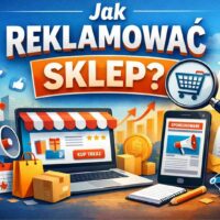 Grafika ilustracyjna do artykułu o reklamie sklepu z laptopem, ikonami marketingowymi i napisem „Jak reklamować sklep?”