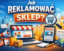 Grafika ilustracyjna do artykułu o reklamie sklepu z laptopem, ikonami marketingowymi i napisem „Jak reklamować sklep?”