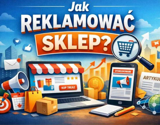 Grafika ilustracyjna do artykułu o reklamie sklepu z laptopem, ikonami marketingowymi i napisem „Jak reklamować sklep?”
