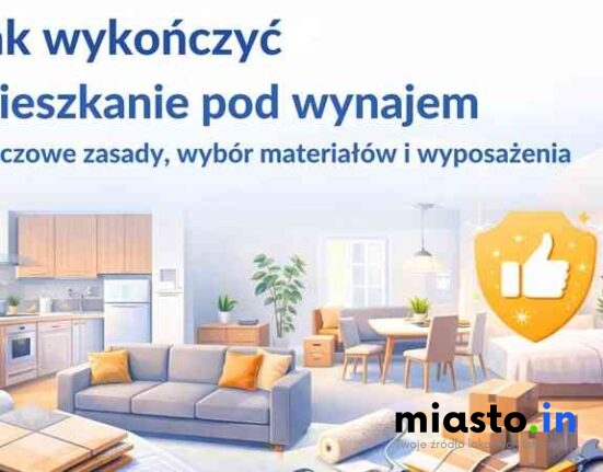 Grafika okładkowa do artykułu o wykończeniu mieszkania pod wynajem, przedstawiająca nowoczesne, jasne wnętrze oraz elementy wyposażenia i wykończenia