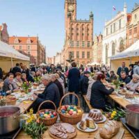Grupa wolontariuszy serwująca gorący żurek z wielkiego kotła na Targu Węglowym w Gdańsku, w tle białe namioty i radosna atmosfera wspólnego posiłku.