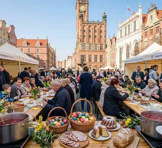 Grupa wolontariuszy serwująca gorący żurek z wielkiego kotła na Targu Węglowym w Gdańsku, w tle białe namioty i radosna atmosfera wspólnego posiłku.