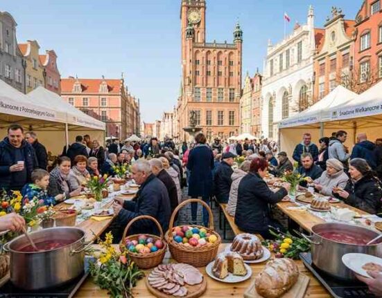 Grupa wolontariuszy serwująca gorący żurek z wielkiego kotła na Targu Węglowym w Gdańsku, w tle białe namioty i radosna atmosfera wspólnego posiłku.