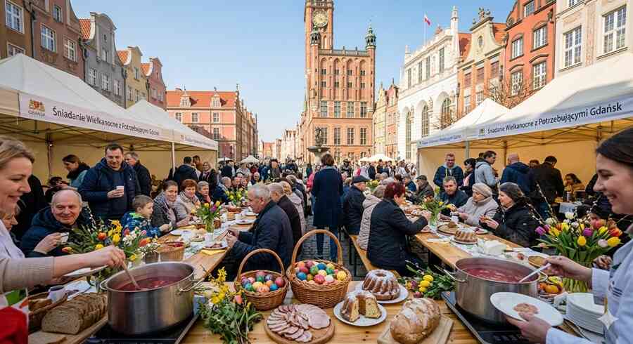 Grupa wolontariuszy serwująca gorący żurek z wielkiego kotła na Targu Węglowym w Gdańsku, w tle białe namioty i radosna atmosfera wspólnego posiłku.