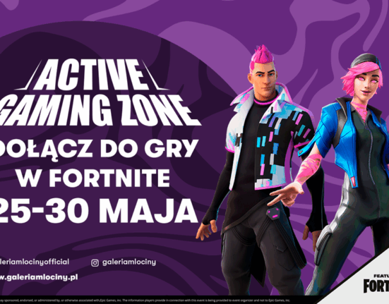 Plakat Active Gaming Zone w Galerii Młociny — Dołącz do gry w Fortnite 25–30 maja