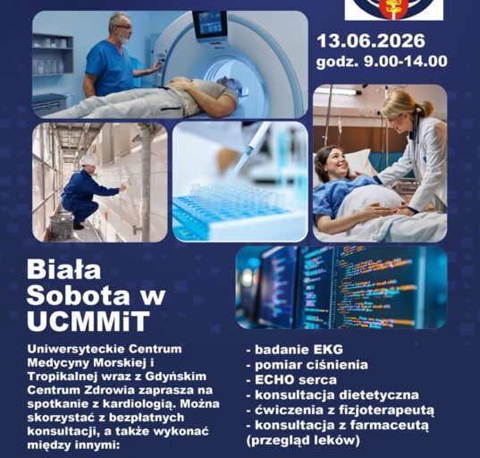 Plakat Białej Soboty w UCMMiT Gdynia — 13 czerwca 2026, godz. 9:00–14:00, bezpłatne badania EKG, ECHO serca, pomiar ciśnienia, konsultacje dietetyczne i kardiologiczne