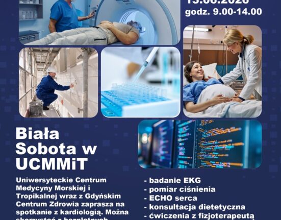 Plakat Białej Soboty w UCMMiT Gdynia — 13 czerwca 2026, godz. 9:00–14:00, bezpłatne badania EKG, ECHO serca, pomiar ciśnienia, konsultacje dietetyczne i kardiologiczne