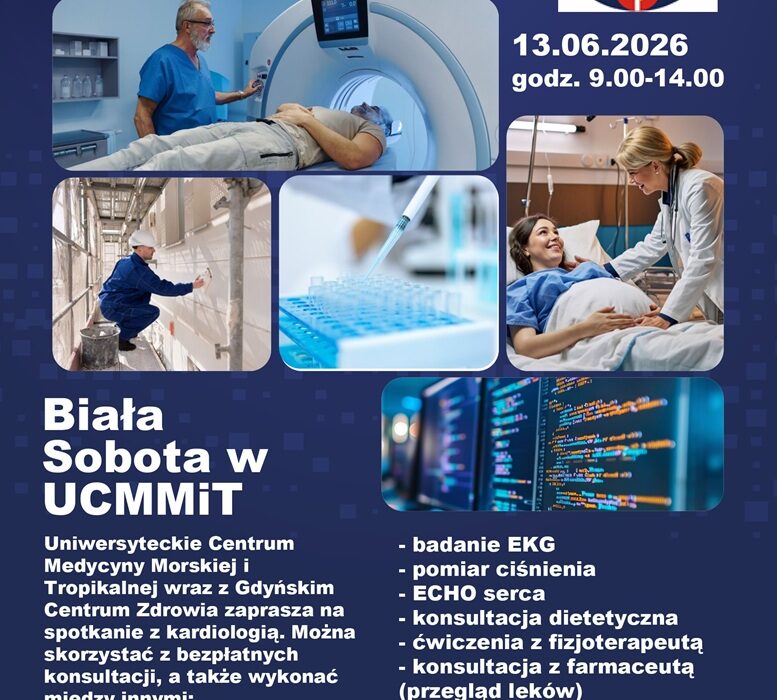 Plakat Białej Soboty w UCMMiT Gdynia — 13 czerwca 2026, godz. 9:00–14:00, bezpłatne badania EKG, ECHO serca, pomiar ciśnienia, konsultacje dietetyczne i kardiologiczne
