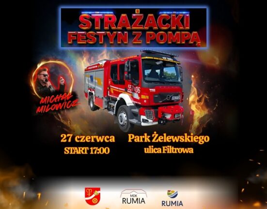 Plakat Strażackiego Festynu z Pompą w Rumi — 27 czerwca, Park Żelewskiego, start 17:00, gwiazdą Michał Milowicz