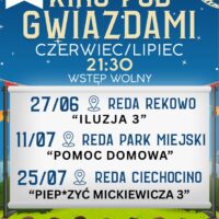 Plakat Kina pod Gwiazdami w Redzie - trzy bezpłatne seanse filmowe w czerwcu i lipcu 2026, godz. 21.30