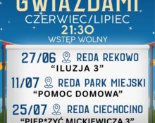 Plakat Kina pod Gwiazdami w Redzie - trzy bezpłatne seanse filmowe w czerwcu i lipcu 2026, godz. 21.30