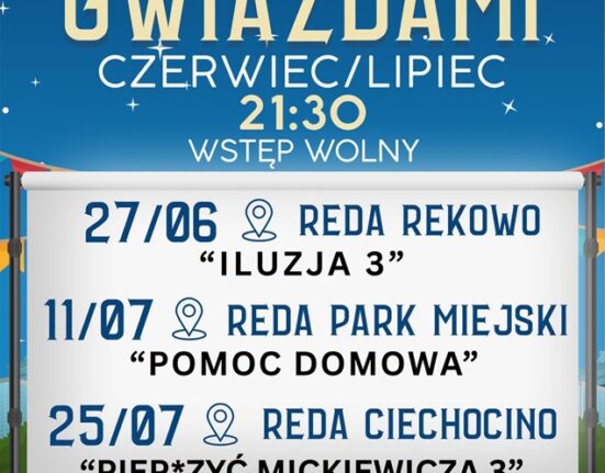 Plakat Kina pod Gwiazdami w Redzie - trzy bezpłatne seanse filmowe w czerwcu i lipcu 2026, godz. 21.30
