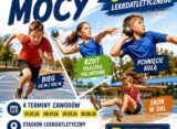 Plakat Redzkiej Ligi Mocy – Letniej Ligi 3 Boju Lekkoatletycznego organizowanej przez MOSiR Reda. Na plakacie dzieci rywalizujące w biegu, rzucie piłeczką palantową, pchnięciu kulą i skoku w dal. Terminy zawodów: 1.07, 8.07, 29.07 i 5.08.2026.
