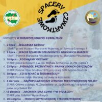 Plakat Spacerów Czwartkowych PTTK w Gdyni 2026 - program 8 bezpłatnych spacerów od 2 lipca do 20 sierpnia