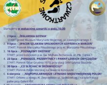 Plakat Spacerów Czwartkowych PTTK w Gdyni 2026 - program 8 bezpłatnych spacerów od 2 lipca do 20 sierpnia