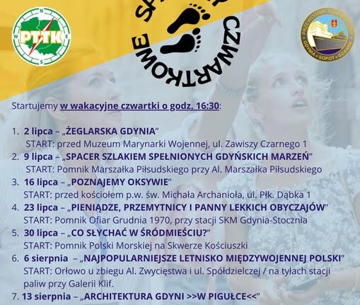 Plakat Spacerów Czwartkowych PTTK w Gdyni 2026 - program 8 bezpłatnych spacerów od 2 lipca do 20 sierpnia