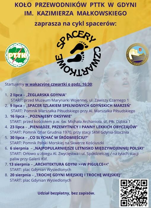 Plakat Spacerów Czwartkowych PTTK w Gdyni 2026 - program 8 bezpłatnych spacerów od 2 lipca do 20 sierpnia