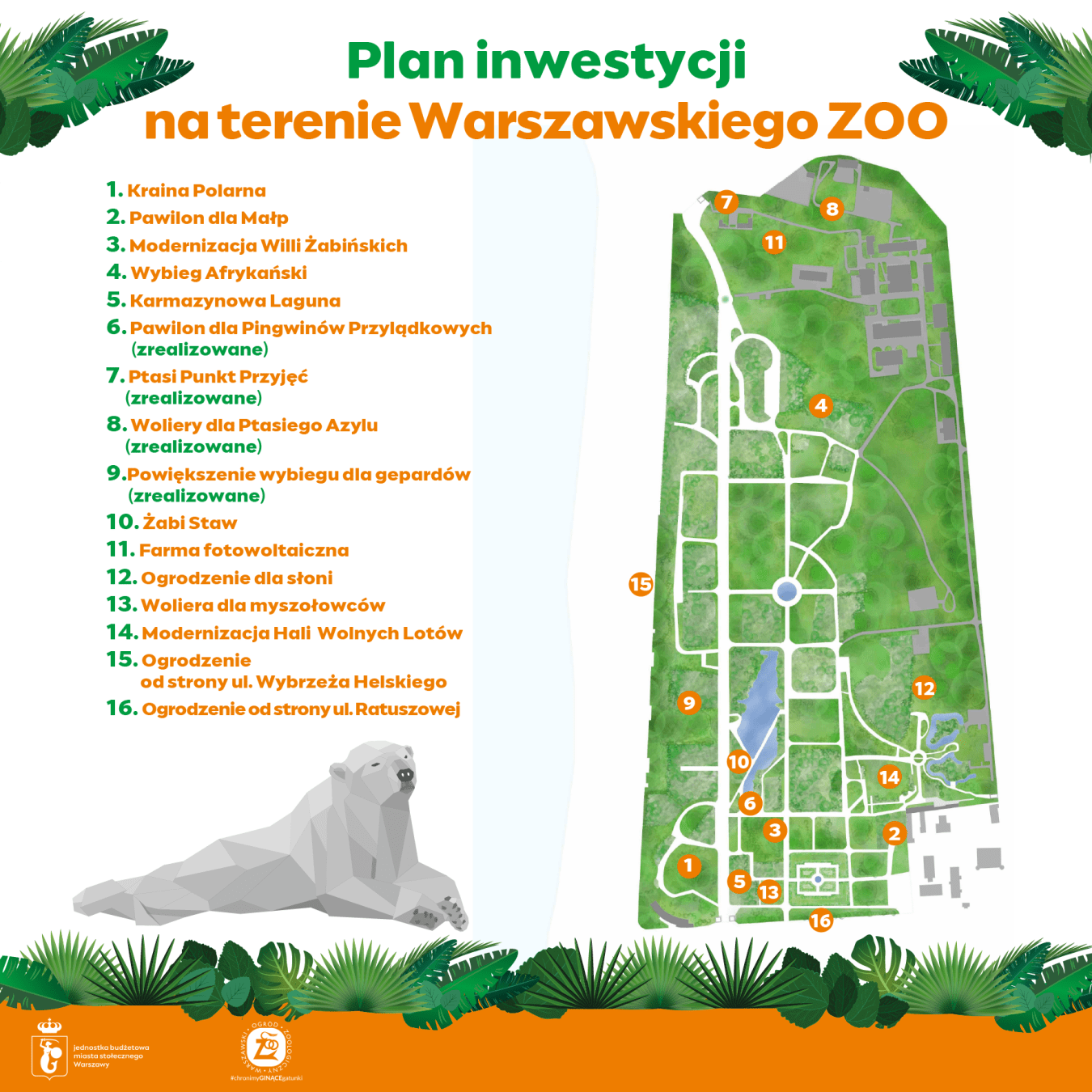 Infografika z planem 16 inwestycji na terenie Warszawskiego ZOO do 2028 roku — mapa ogrodu z oznaczonymi lokalizacjami planowanych i zrealizowanych obiektów