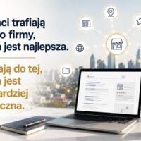 Laptop z wizytówką firmy i siecią połączeń symbolizujących obecność marki w internecie na tle miasta. Grafika ilustruje ideę, że klienci trafiają do firm najbardziej widocznych w wyszukiwarkach i systemach AI.