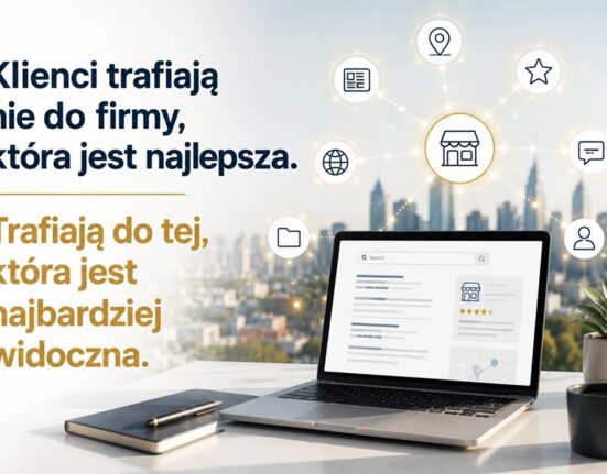 Laptop z wizytówką firmy i siecią połączeń symbolizujących obecność marki w internecie na tle miasta. Grafika ilustruje ideę, że klienci trafiają do firm najbardziej widocznych w wyszukiwarkach i systemach AI.