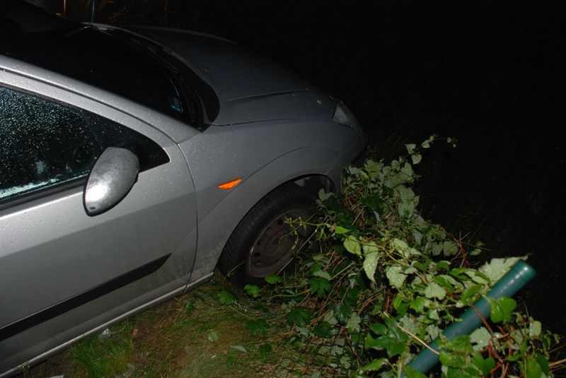 Zbliżenie na uszkodzony ford wjechany w krzaki i ogrodzenie
