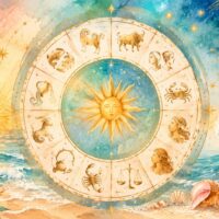 Ilustracja koła zodiaku w letniej, wakacyjnej kolorystyce