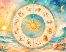 Ilustracja koła zodiaku w letniej, wakacyjnej kolorystyce