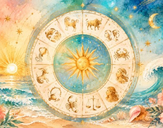 Ilustracja koła zodiaku w letniej, wakacyjnej kolorystyce