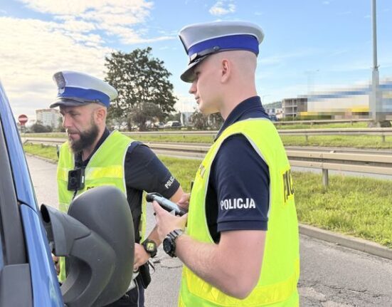 Policjanci ruchu drogowego podczas kontroli trzeźwości kierowcy