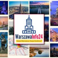 Kolaż zdjęć Warszawy — panoramy, zabytki i Wisła - z logo WarszawaInfo24 i hasłem „Twoja Warszawa, Twoja Dzielnica"